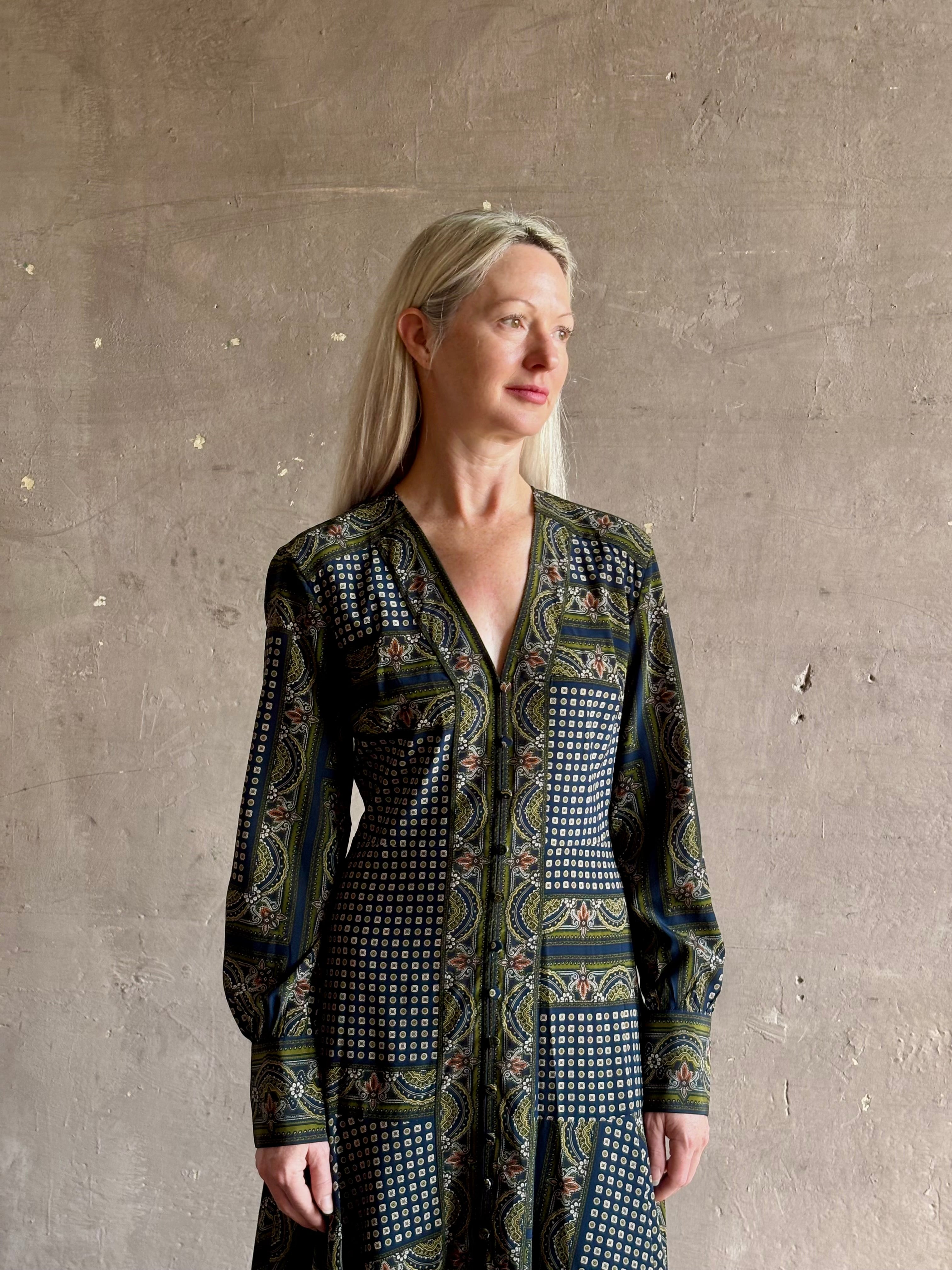 Veronica Beard's Skye Dress in New Navy paisley printed silk-blend A-line cuffed sleeves and asymmetrical hem