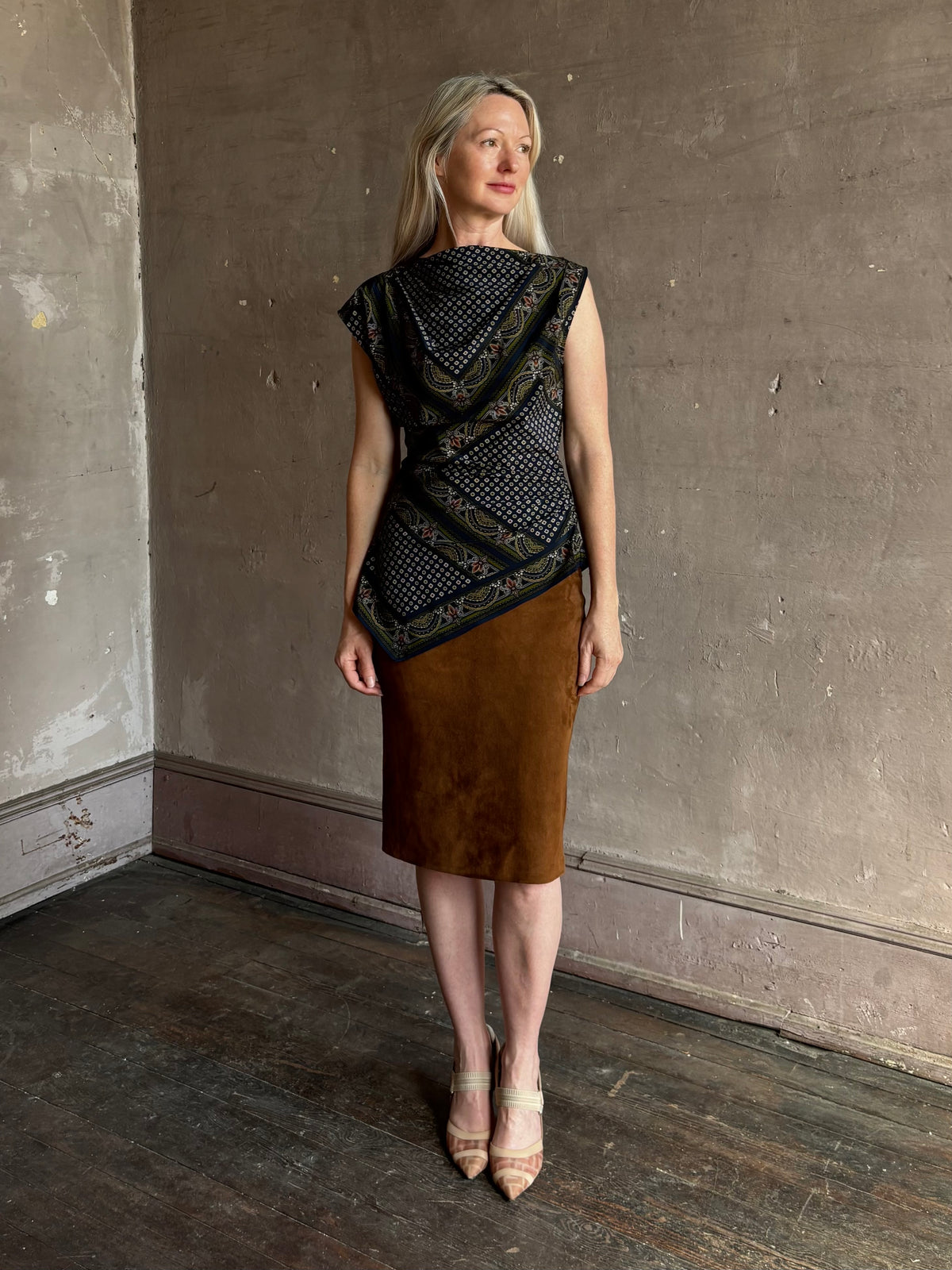 Veronica Beard's Yvonne Top in New Navy Multi cowl neck paisley print asymmetrical hem fashion-forward statement style