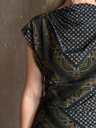 Veronica Beard's Yvonne Top in New Navy Multi cowl neck paisley print asymmetrical hem fashion-forward statement style