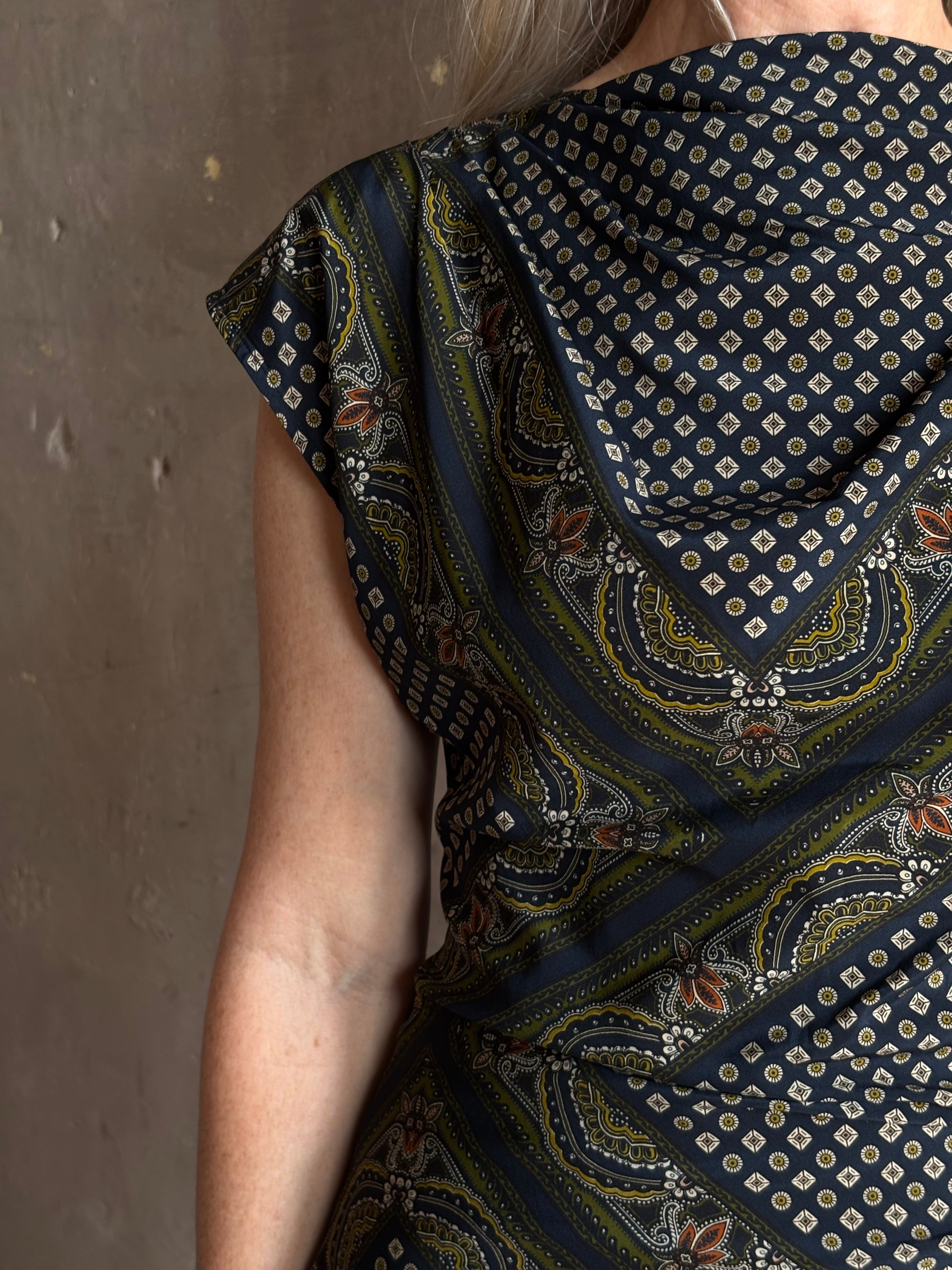 Veronica Beard's Yvonne Top in New Navy Multi cowl neck paisley print asymmetrical hem fashion-forward statement style