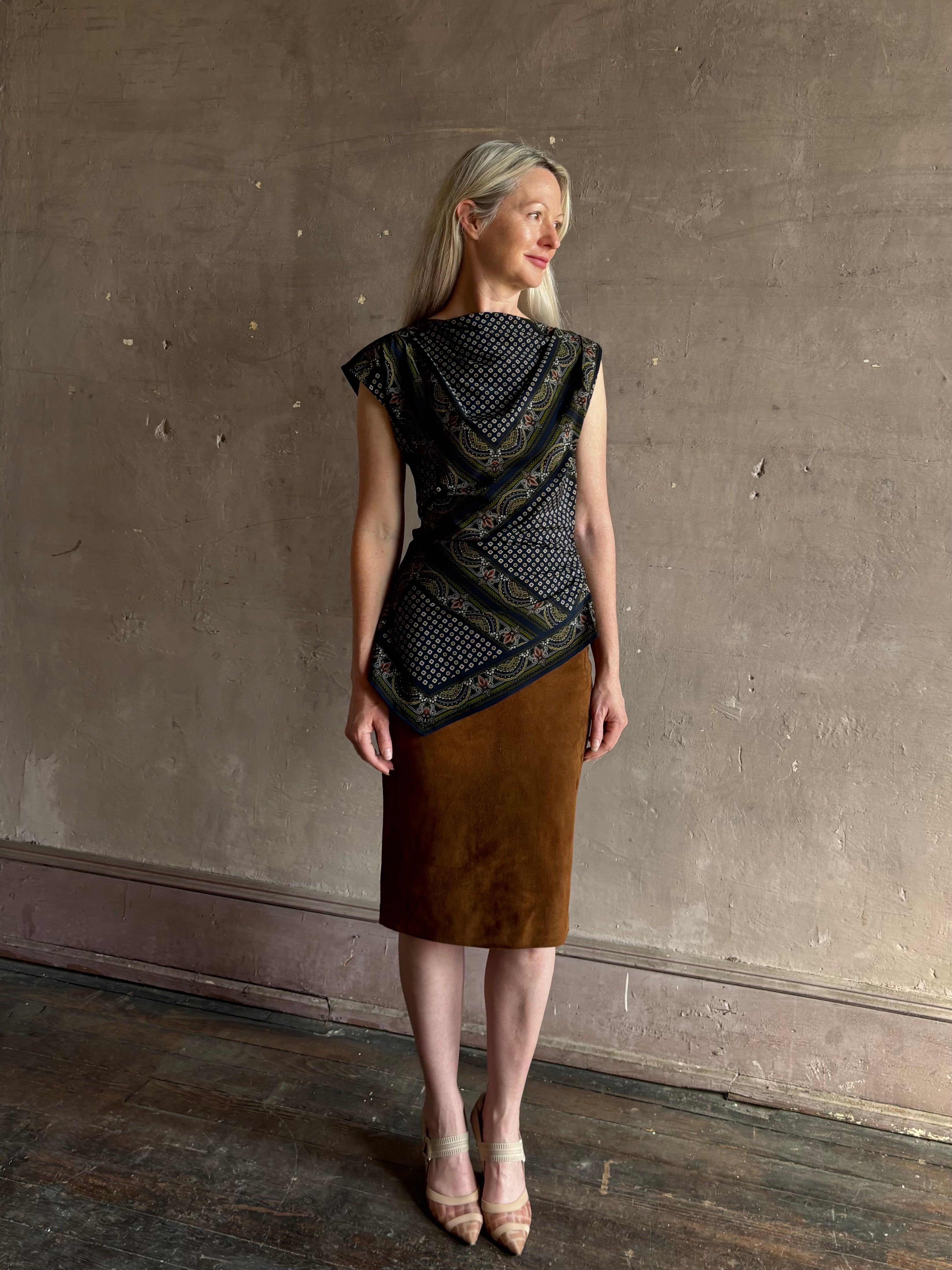 Veronica Beard's Yvonne Top in New Navy Multi cowl neck paisley print asymmetrical hem fashion-forward statement style