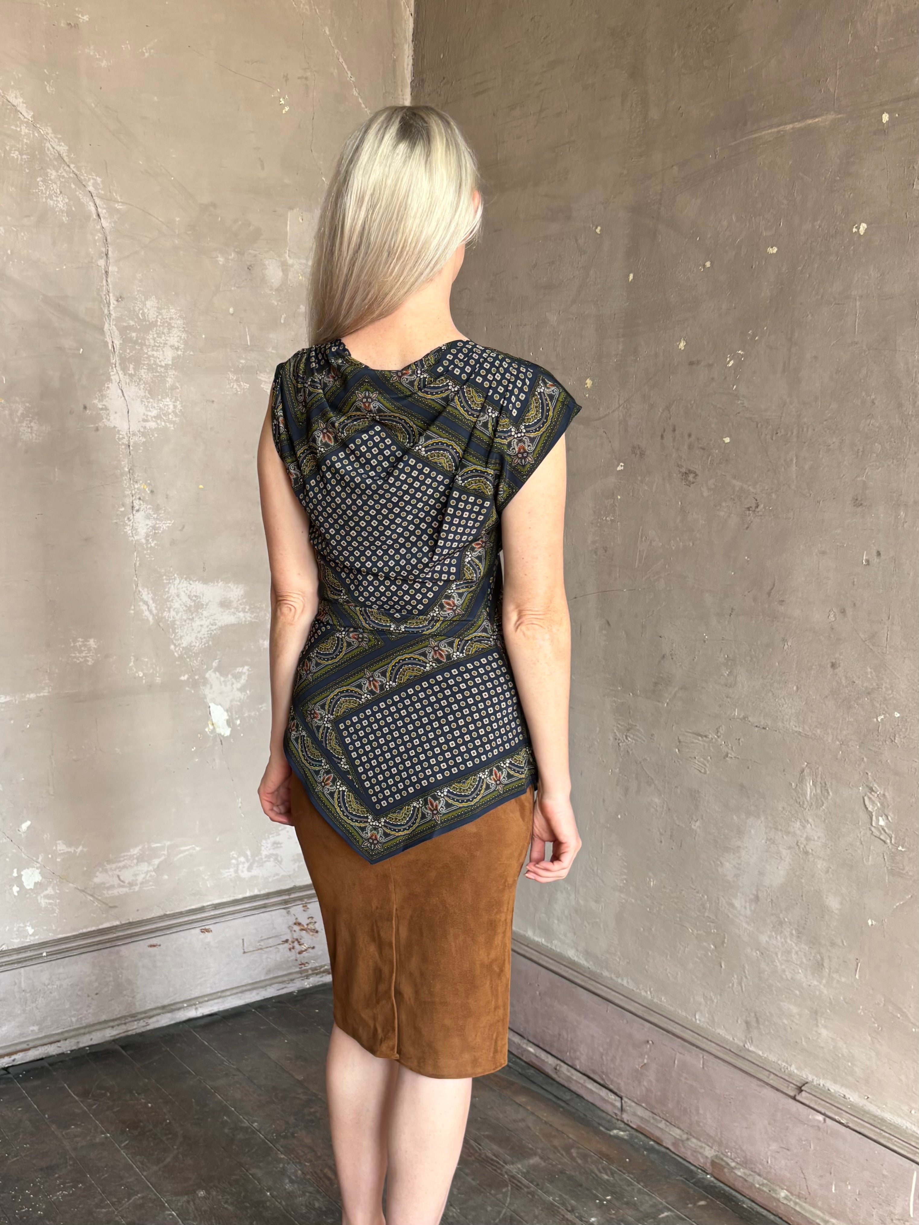 Veronica Beard's Yvonne Top in New Navy Multi cowl neck paisley print asymmetrical hem fashion-forward statement style
