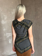 Veronica Beard's Yvonne Top in New Navy Multi cowl neck paisley print asymmetrical hem fitted at waist 