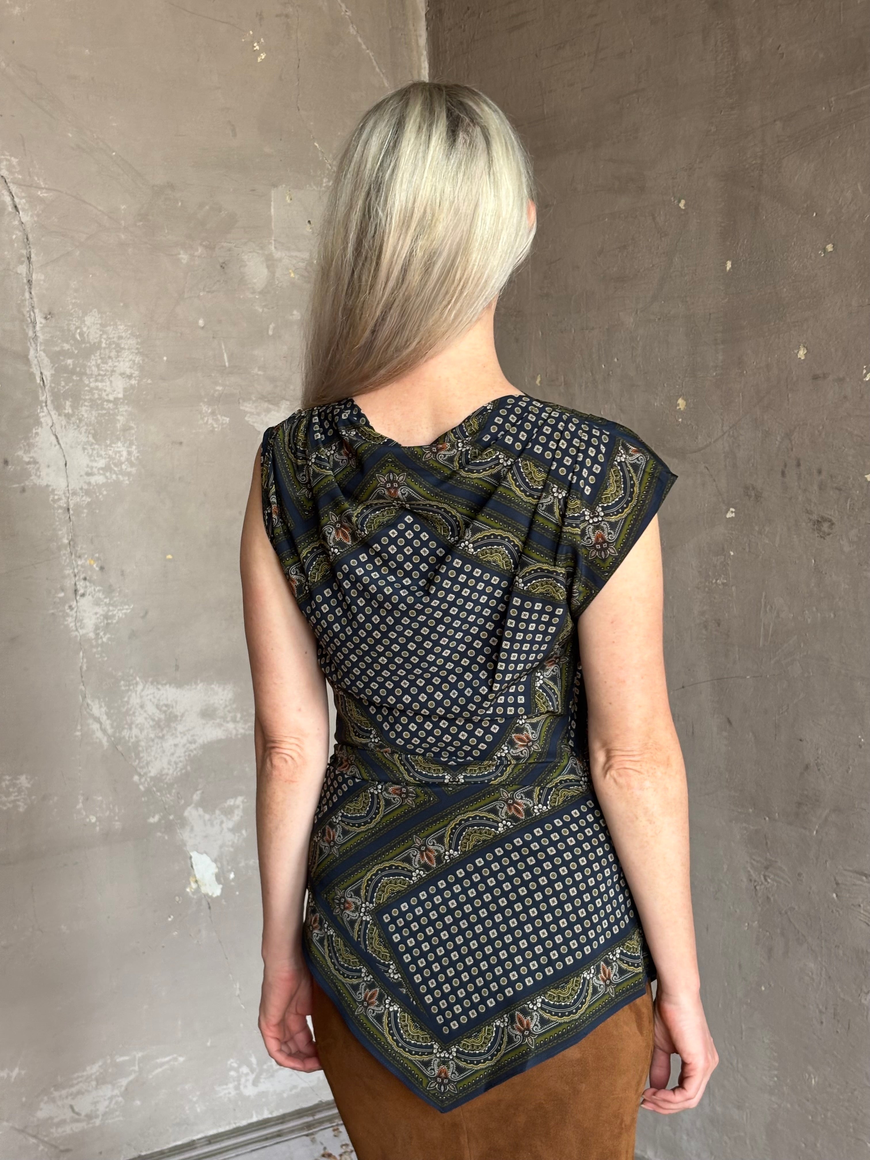 Veronica Beard's Yvonne Top in New Navy Multi cowl neck paisley print asymmetrical hem fitted at waist 