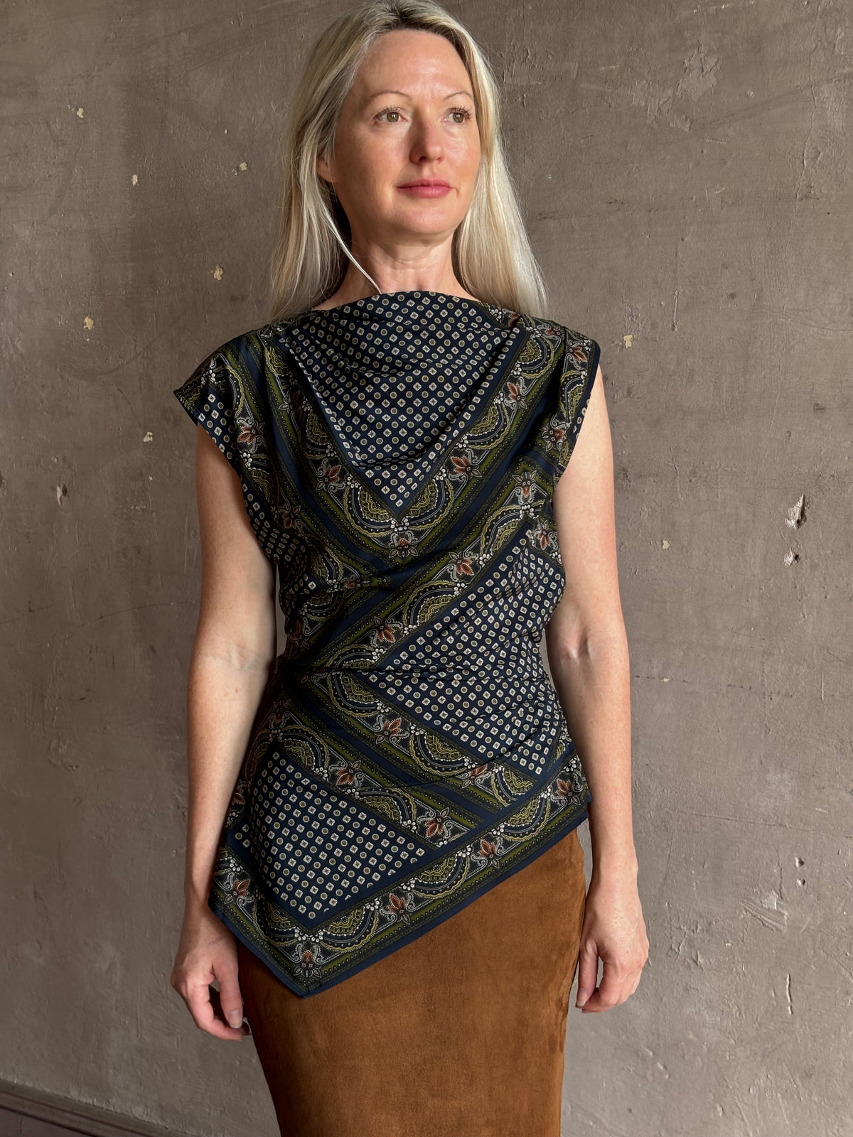 Veronica Beard's Yvonne Top in New Navy Multi cowl neck paisley print asymmetrical hem fashion-forward statement style