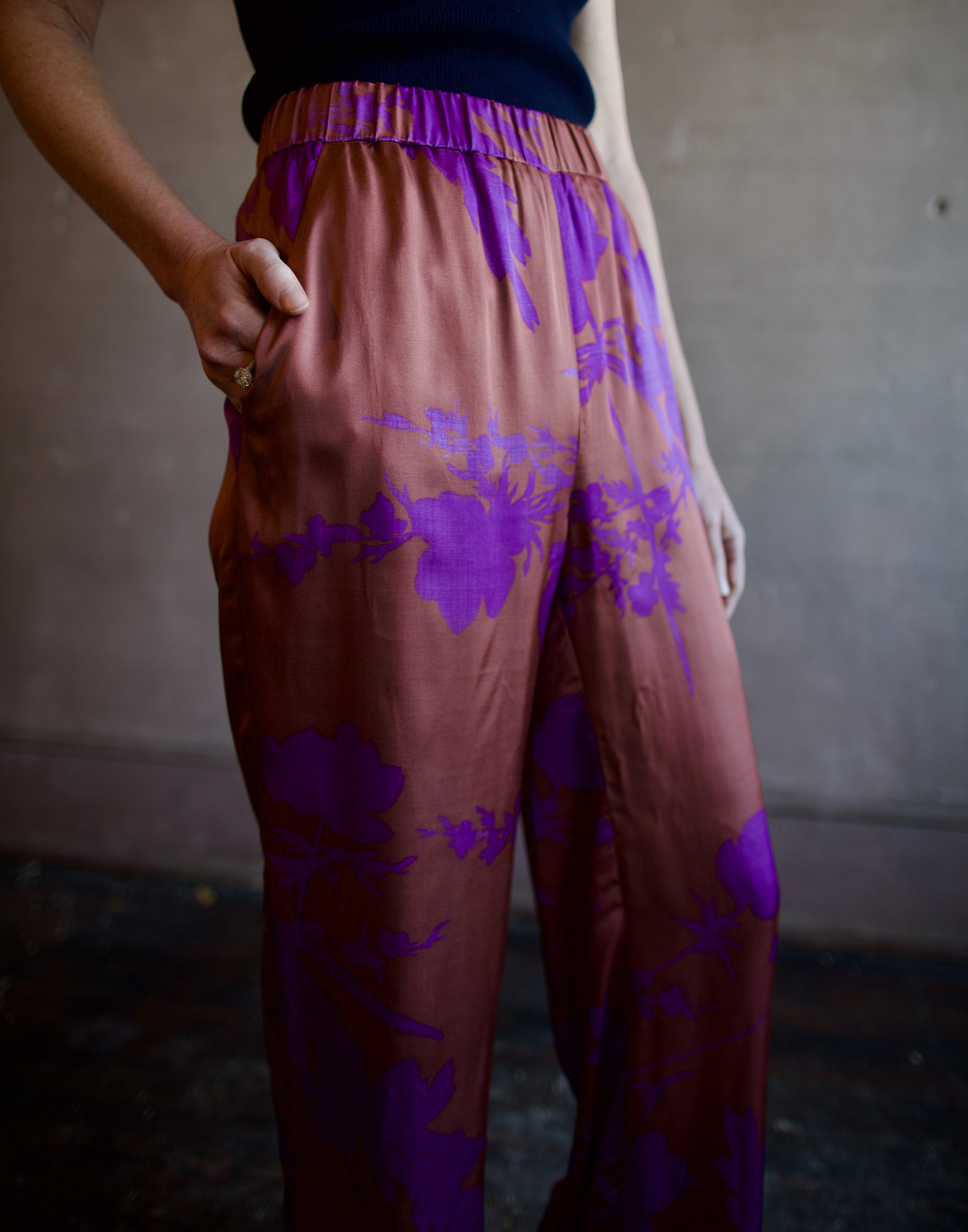 Image of woman wearing luxury brand Vanessa Bruno Cliff floral printed viscose pants features elastic waist, straight leg, side pockets and relaxed fit