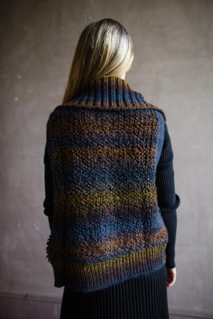 Back view of Woman wearing Vanessa Bruno dilda chunky knit vest in shade petrole merino wool blend