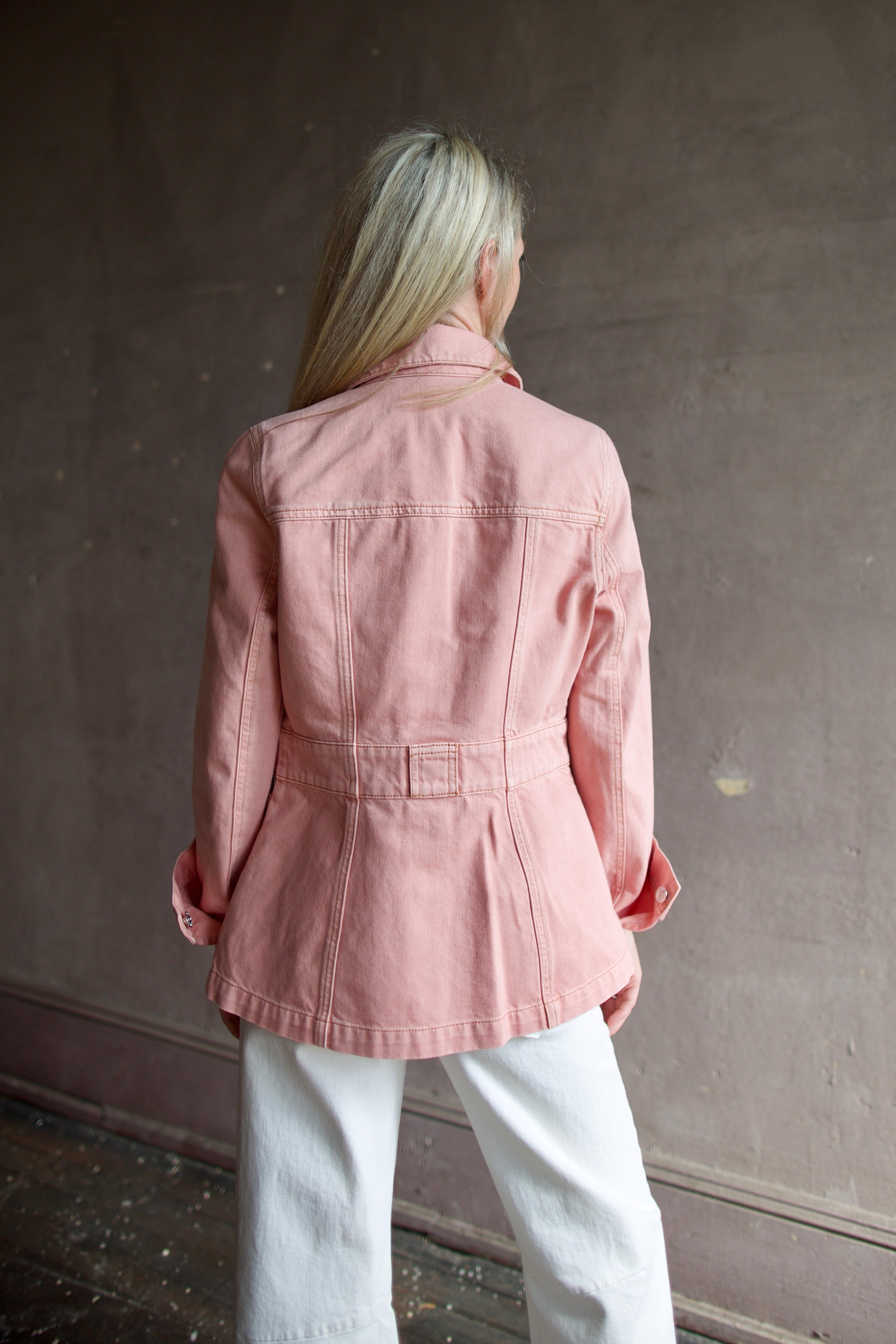 Model woman wearing premium contemporary designer Veronica Beard cotton Marvin field Jacket in pink with refined feminine tailoring
