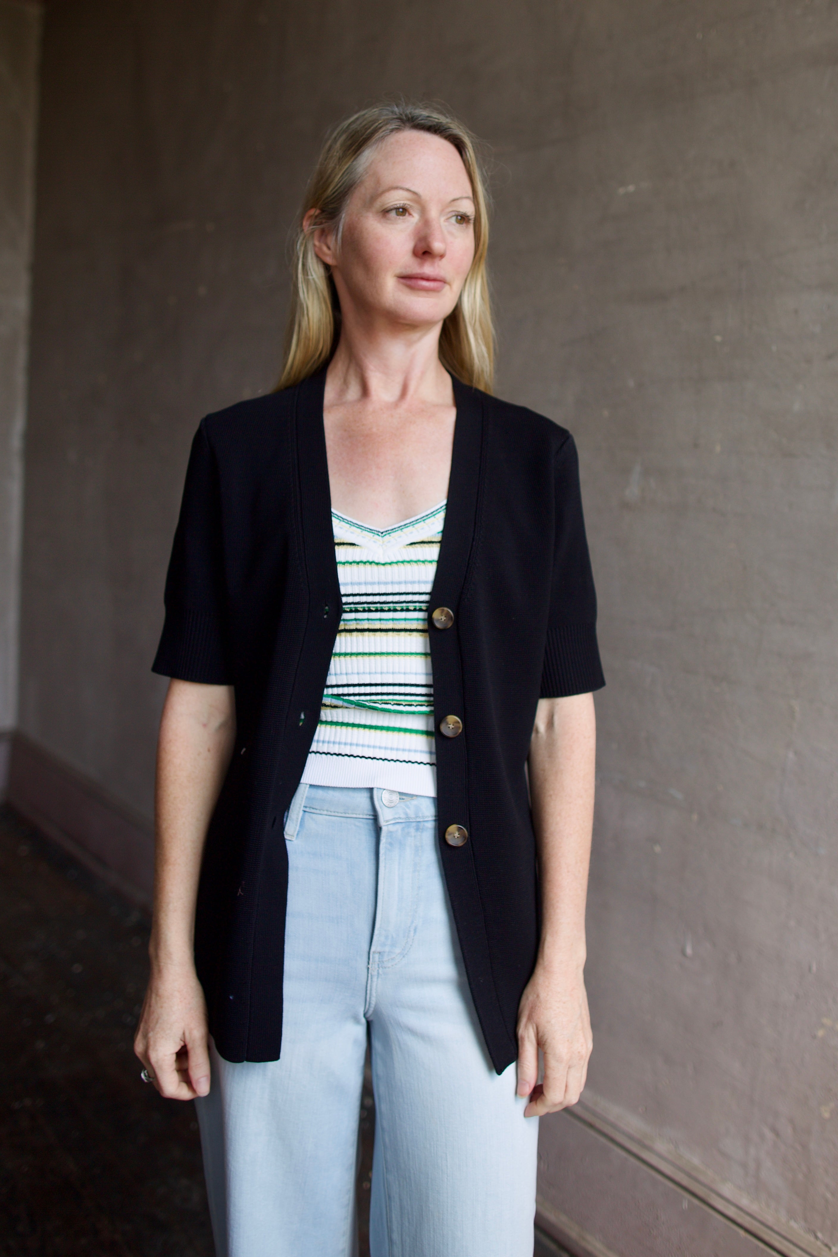 Model wearing premium designer Veronica Beard Wrenley cotton Cardigan showcasing timeless elegance and superior fabrication