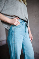 Image featuring a woman wearing the Taylor jeans by Veronica Beard fabricated in non-stretch Japanese denim with a high rise, wide leg and  seam detailing in Nova wash.