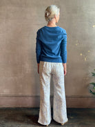 woman wearing designer Veronica Beard Daro Cashmere Cardigan Blue Coast Melange long sleeves fitted