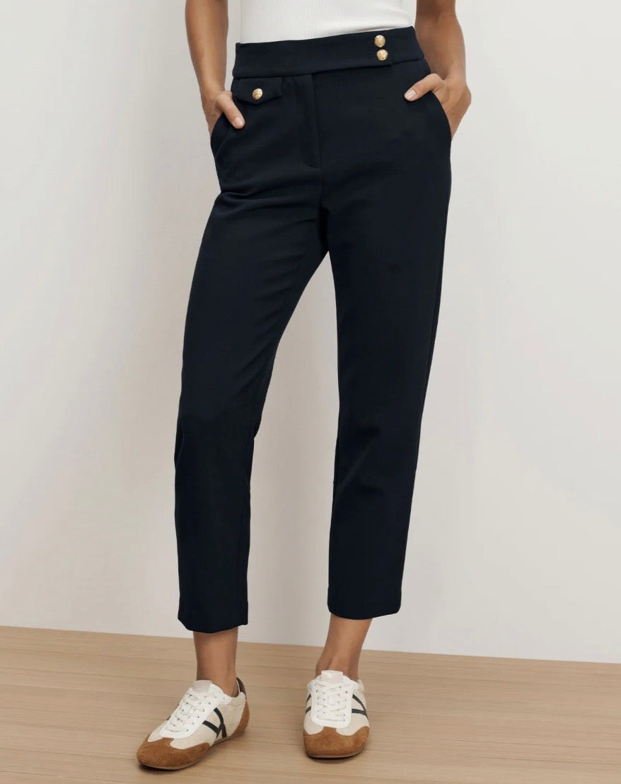Veronica Beard high rise slim leg Renzo Pants in Navy blue with gold buttons ankle length and stretch