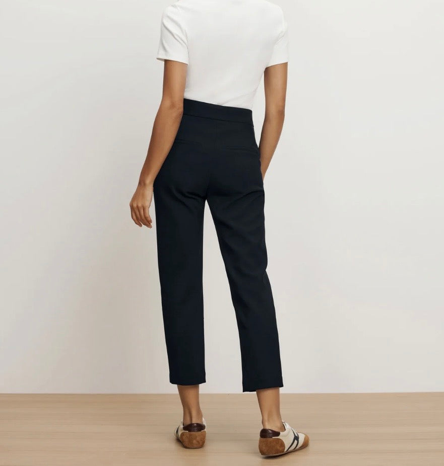 Veronica Beard high rise slim leg Renzo Pants in Navy blue with gold buttons ankle length and stretch