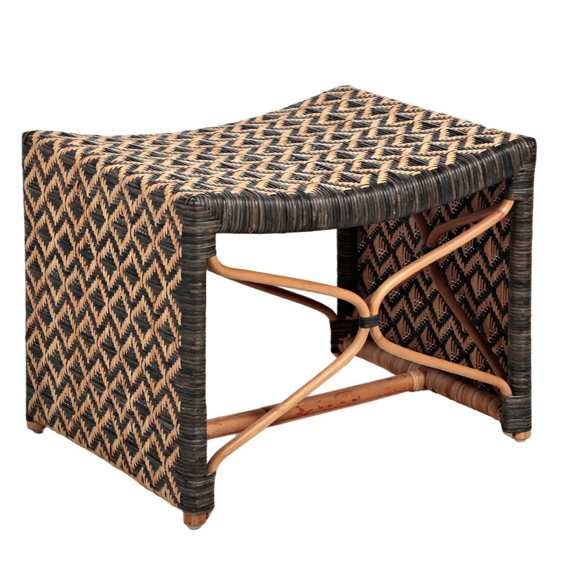 Image featuring a waterfall silhouette ottoman in two tone rattan woven diamond pattern and contrasting wrapping envelop an x-frame