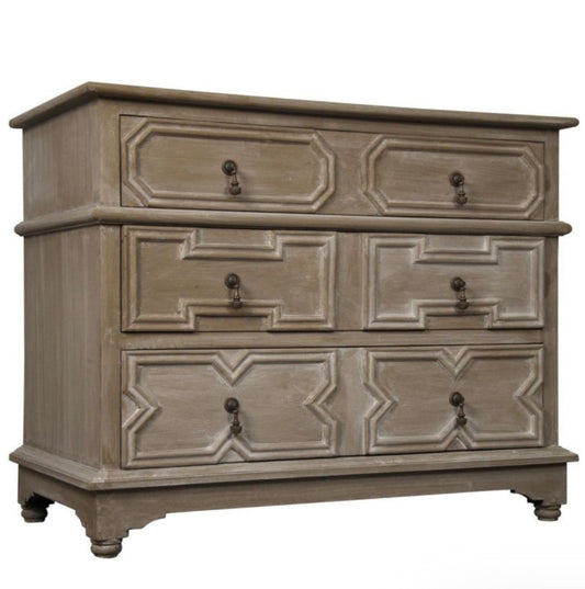 Image featuring a traditional designed three drawer dresser crafted in mahogany wood and weathered paint finish.