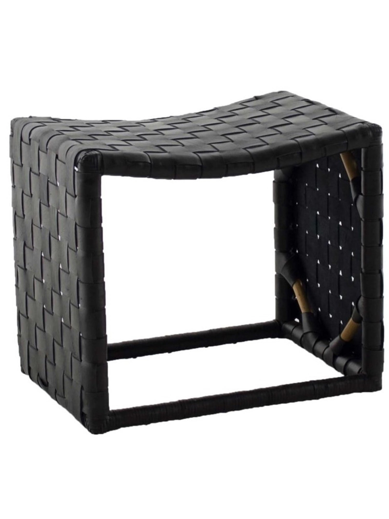 Image of an elevated black leather and rattan stool with a curved seat and no backrest.