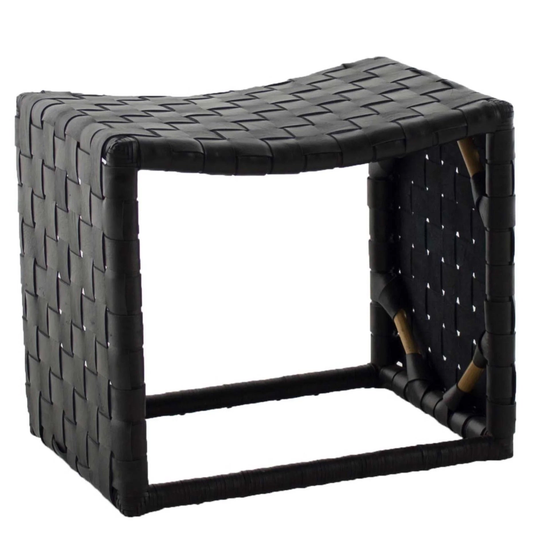 Image featuring black leather and rattan stool with curved seat providing comfortable, stylish casual seating. 