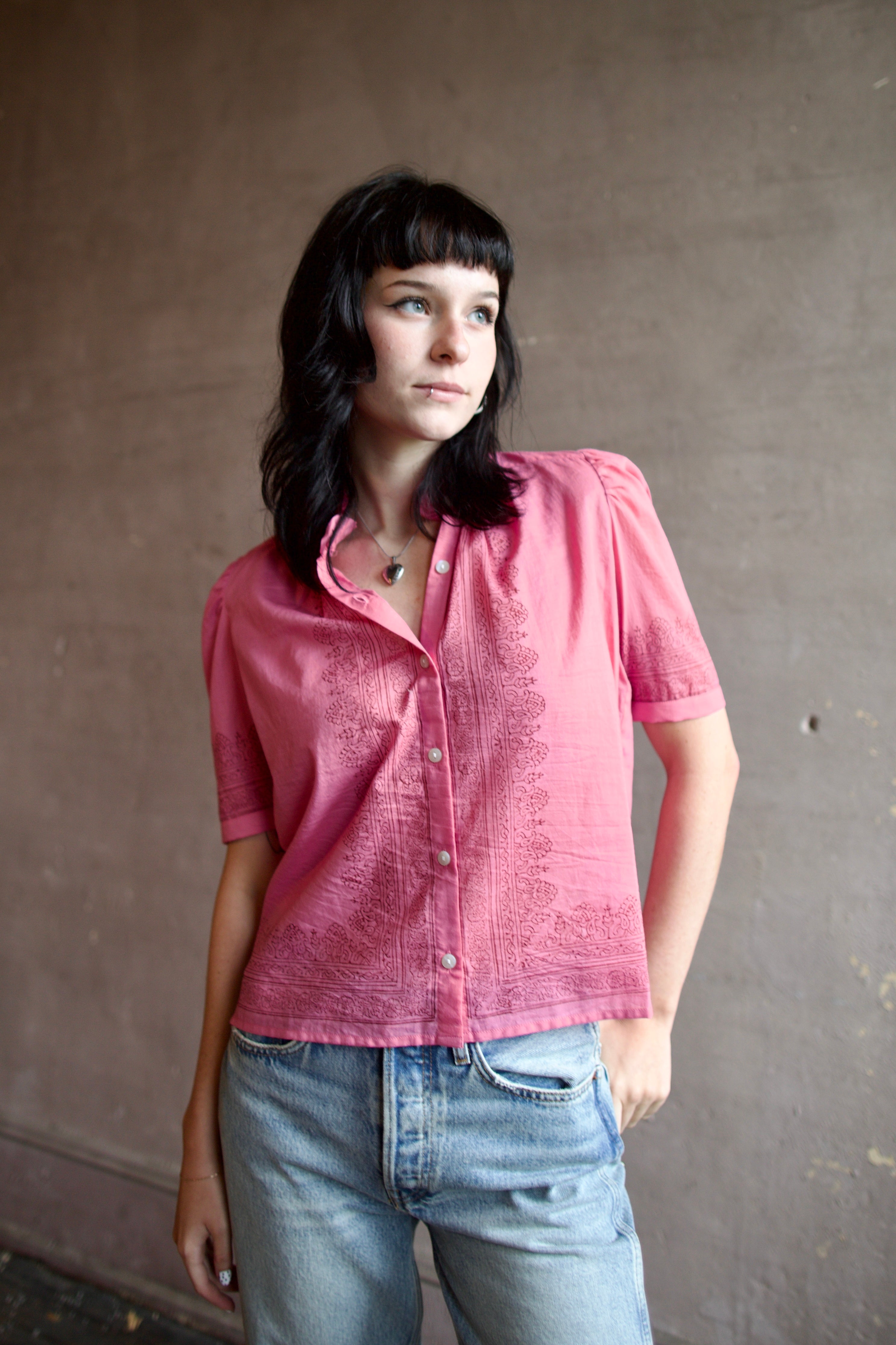 Image of a woman wearing the Alix of Bohemia Winn Fuchsia Tile Shirt