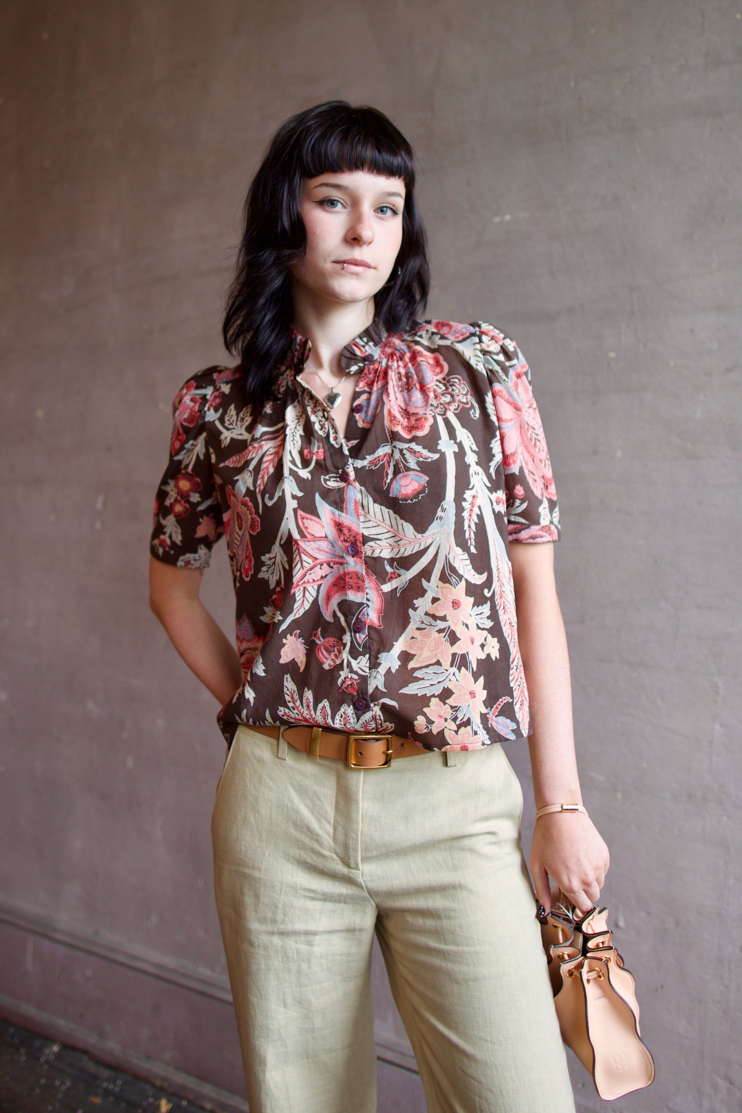 Model wearing the Alix of Bohemia Winn Terra Floral Shirt in sophisticated rich chocolate brown lightweight cotton