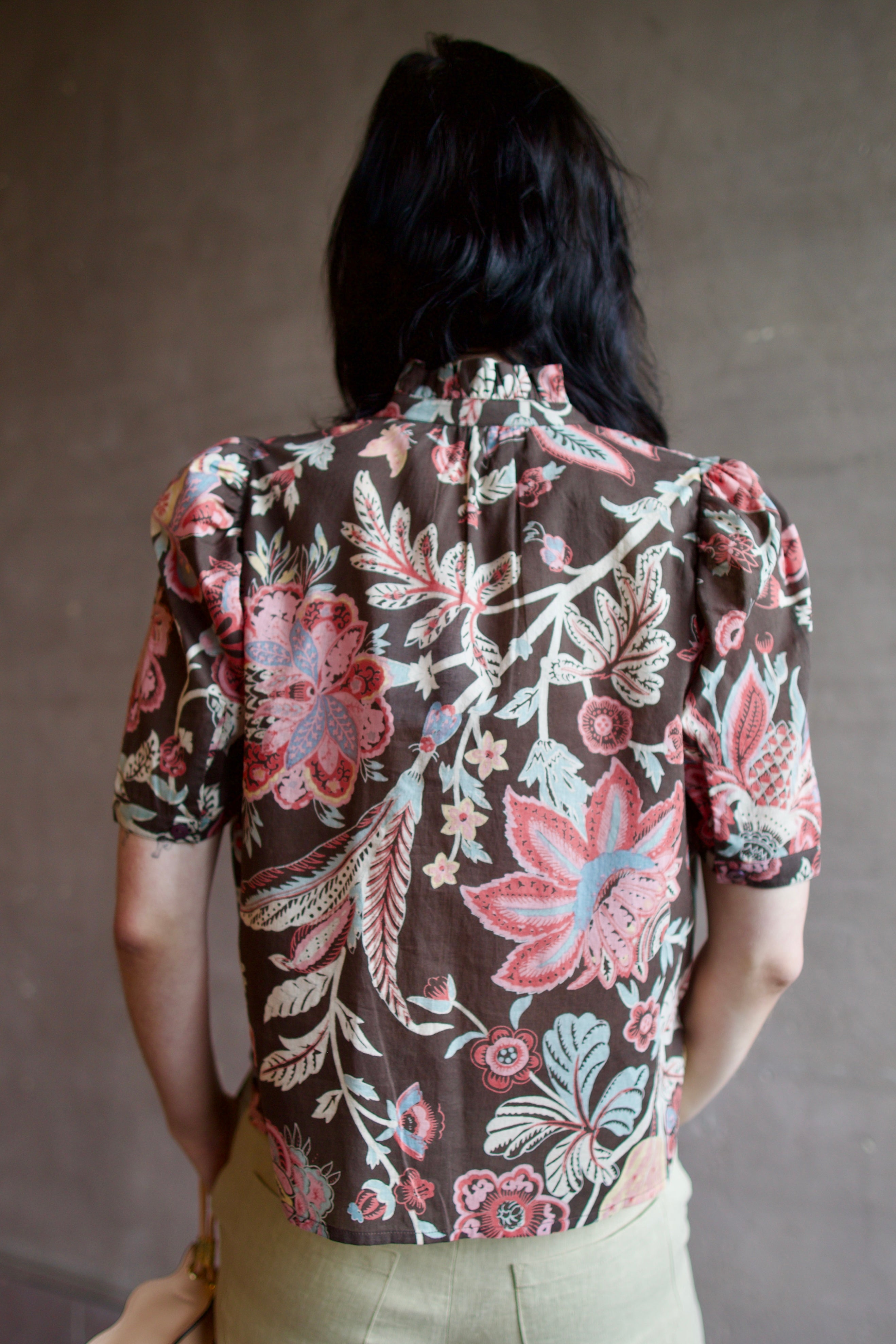 Model wearing the Alix of Bohemia Winn Terra Floral Shirt in sophisticated rich chocolate brown lightweight cotton