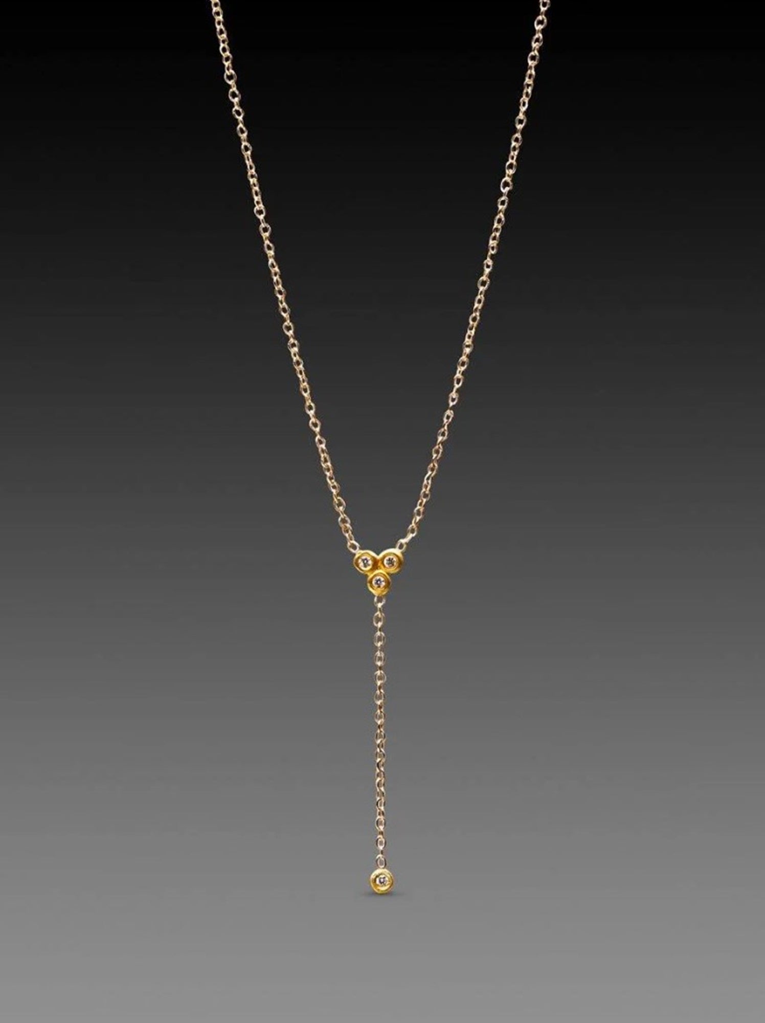 Image of Ananda Khalsa Delicate Diamond Trio Necklace  featuring white diamonds 22kt yellow gold bezel with 22kt diamond drop on an 14kt gold chain