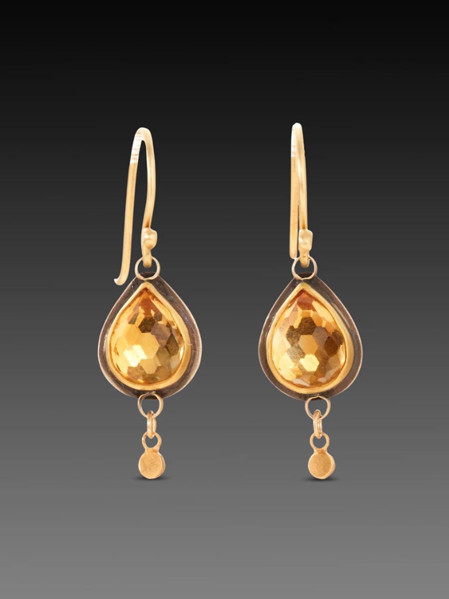 Image of designer Ananda Khalsa premium handcrafted rosecut citrine with elegant 22kt gold bezel setting, 18kt gold earwires, and 22kt gold drops