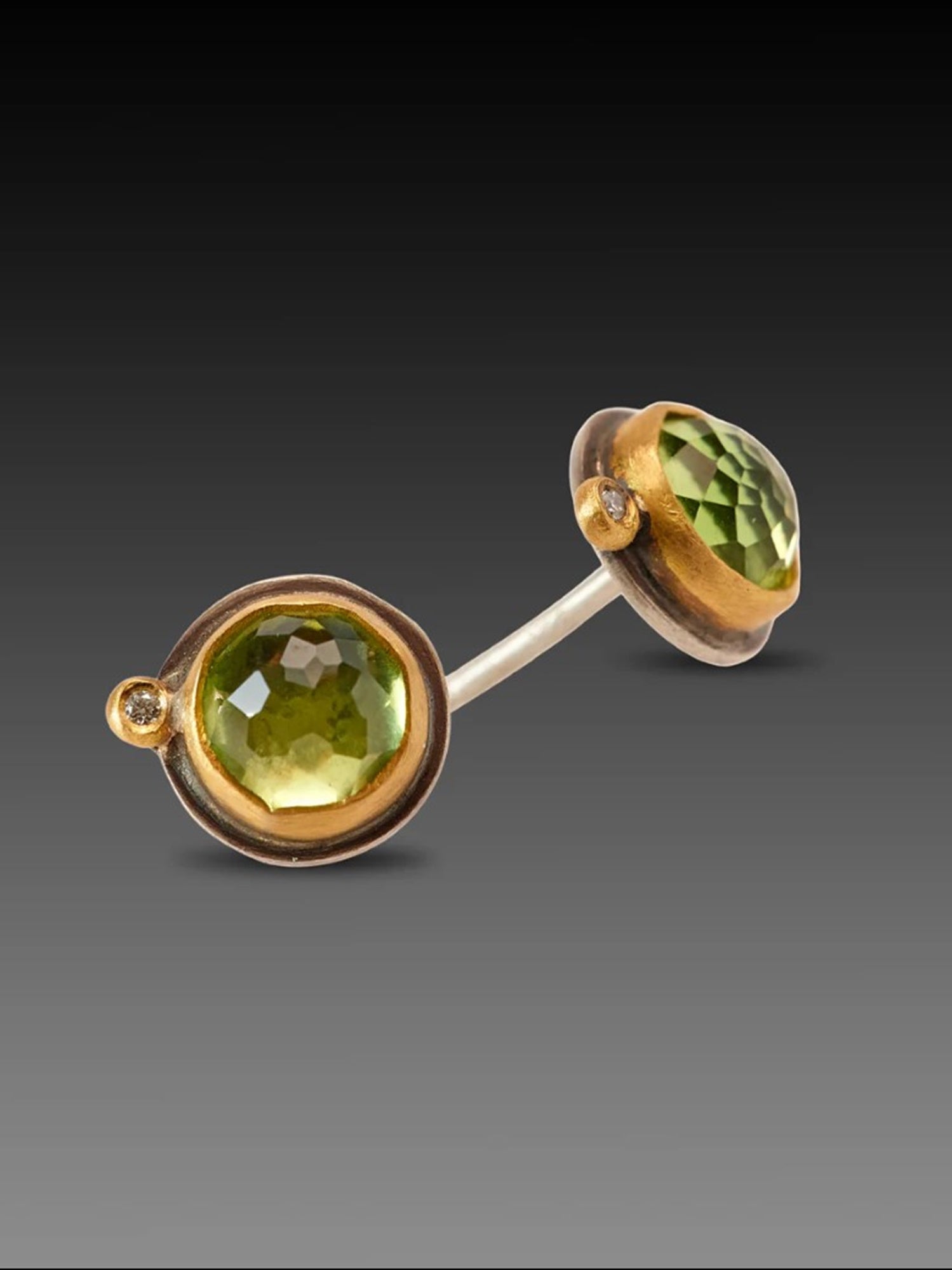 Image of Ananda Khalsa Rosecut Peridot Stud Earrings premium handcrafted construction in 22kt gold with a diamond dot accents