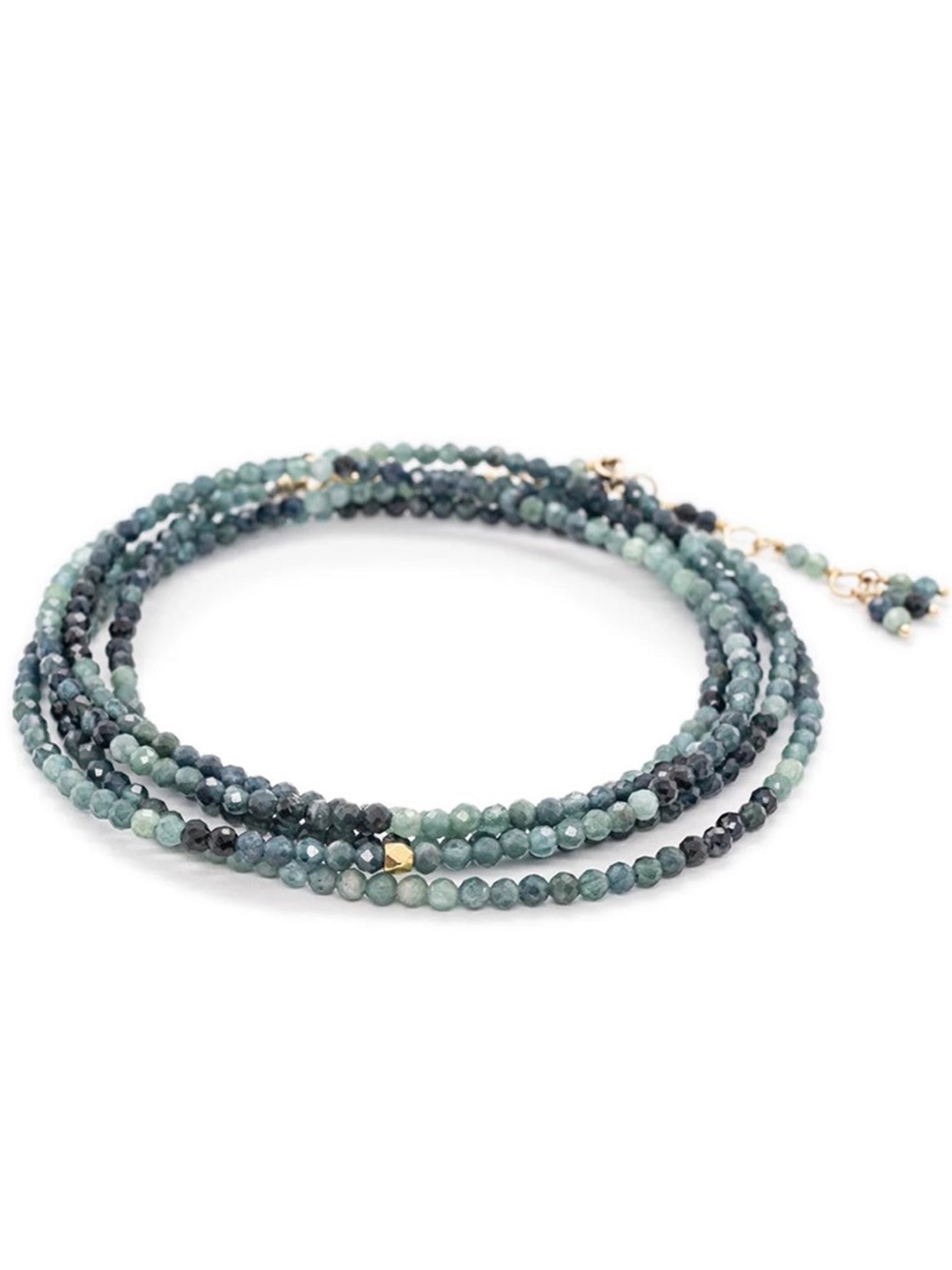 image of designer anne sportun blue tourmaline wrap bracelet  with natural stones and 18K gold that can double as a necklace
