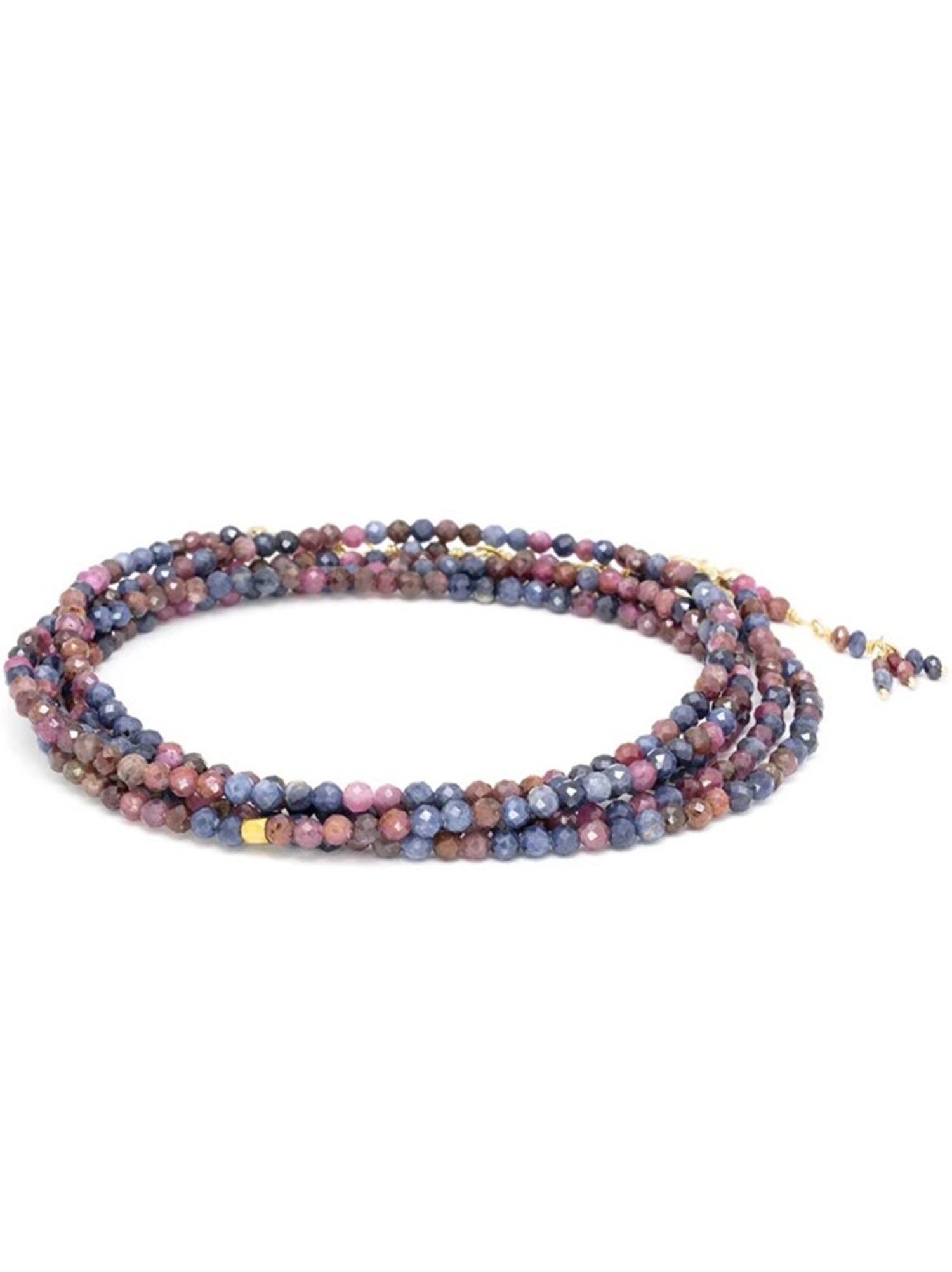 image of designer anne sportun wrap bracelet with Genuine Pink and Blue Sapphire stone beads and 18K Yellow Gold that can double as a necklace
