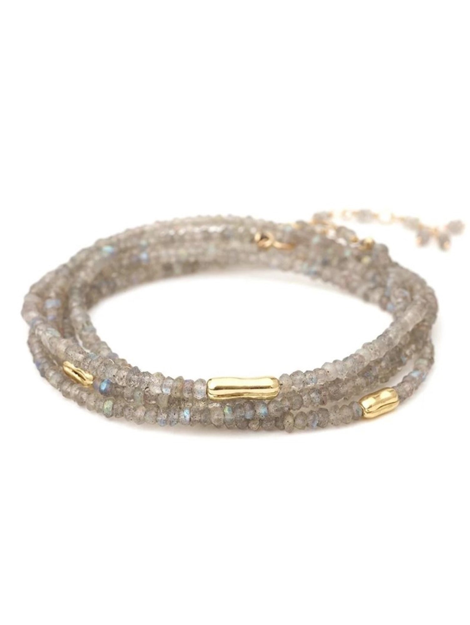 image of designer anne sportun three 18K gold accent river embellishments in a labradorite wrap bracelet that can also be worn as a necklace