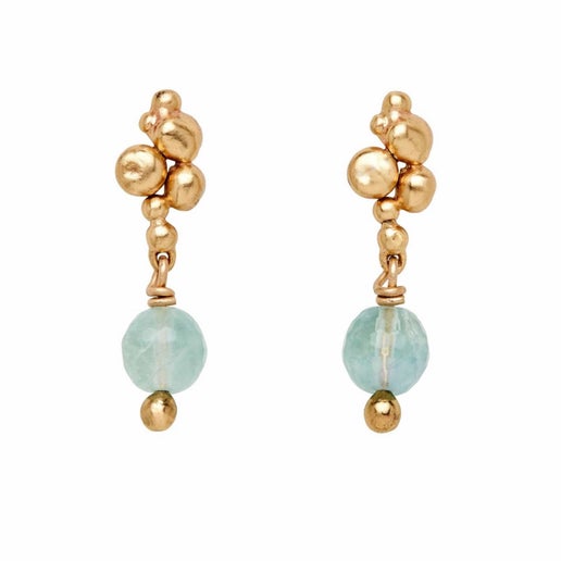 Image of artist Julie Cohn earrings features bronze cast bubbles with fluorite stone drops on gold filled posts