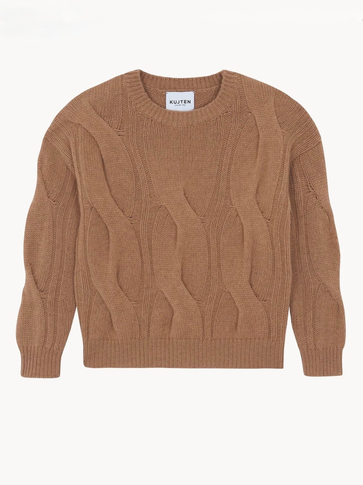 Image of luxury french cashmere brand Kujten Nils camelo sweater with beautiful woven textural interest