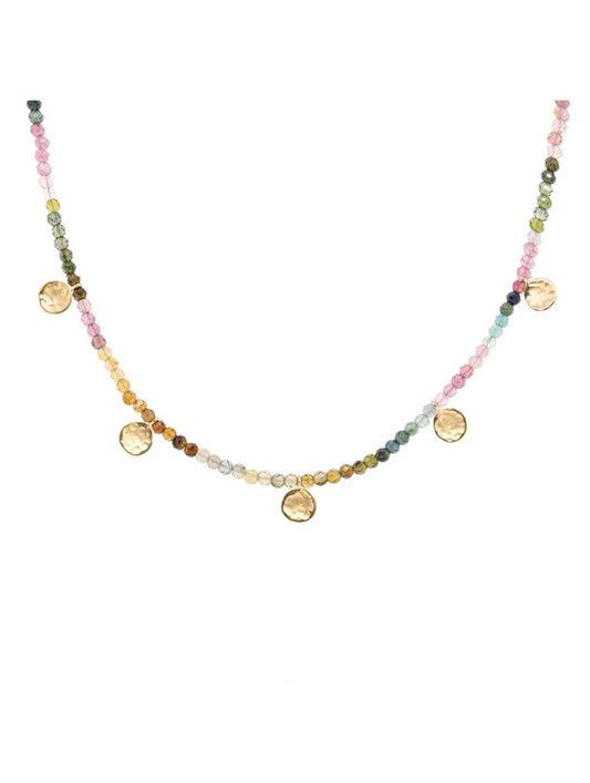 Anne Sportun Mini Hammered Disc Station Necklace- Watermelon Tourmaline 18k yellow gold