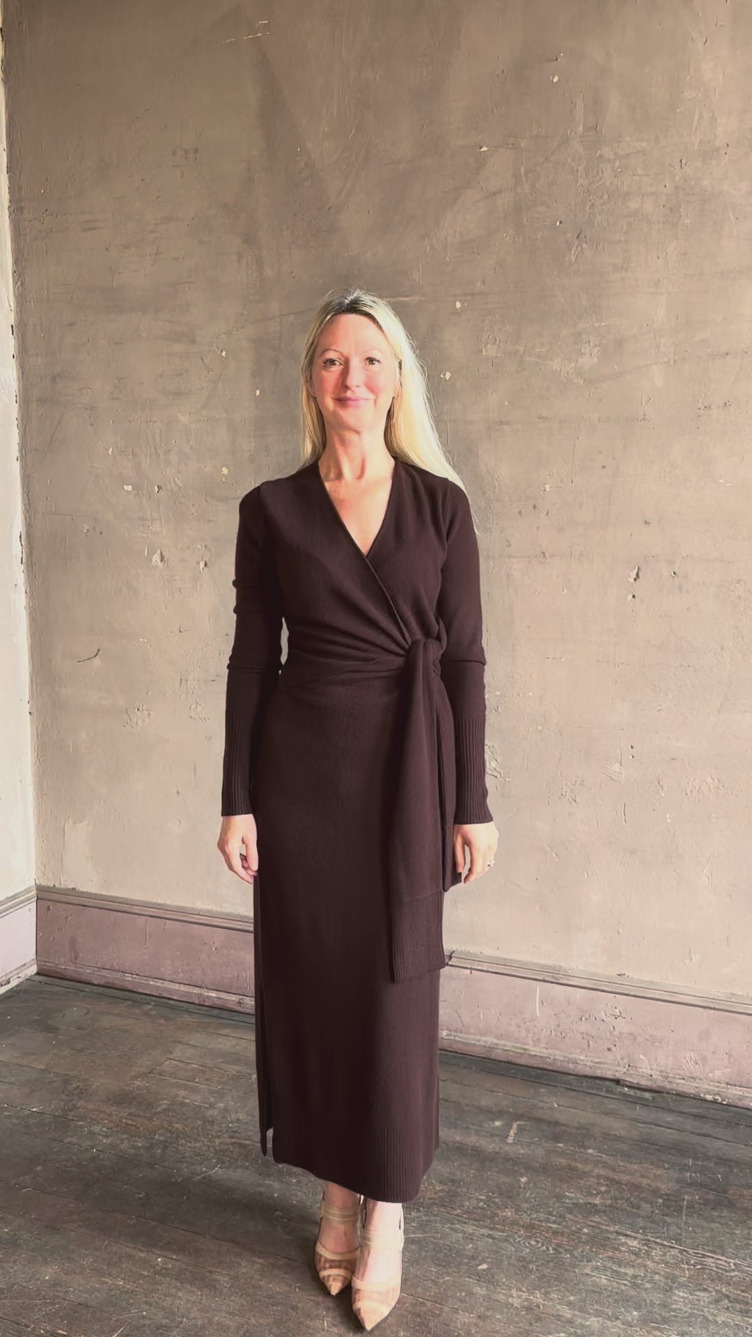 Video reviewing Veronica Beard's Salomez Knit Dress in chocolate brown  wrap maxi with a V-neckline and side vent