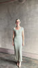 video reviewing saloni stardust cap sleeve floor-length ribbed knit dress front leg vent round neck fitted silver 