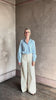 Video reviewing Trovata Rumi blue and cream vertically striped long-sleeve cotton shirt ruffle lined mandarin collar