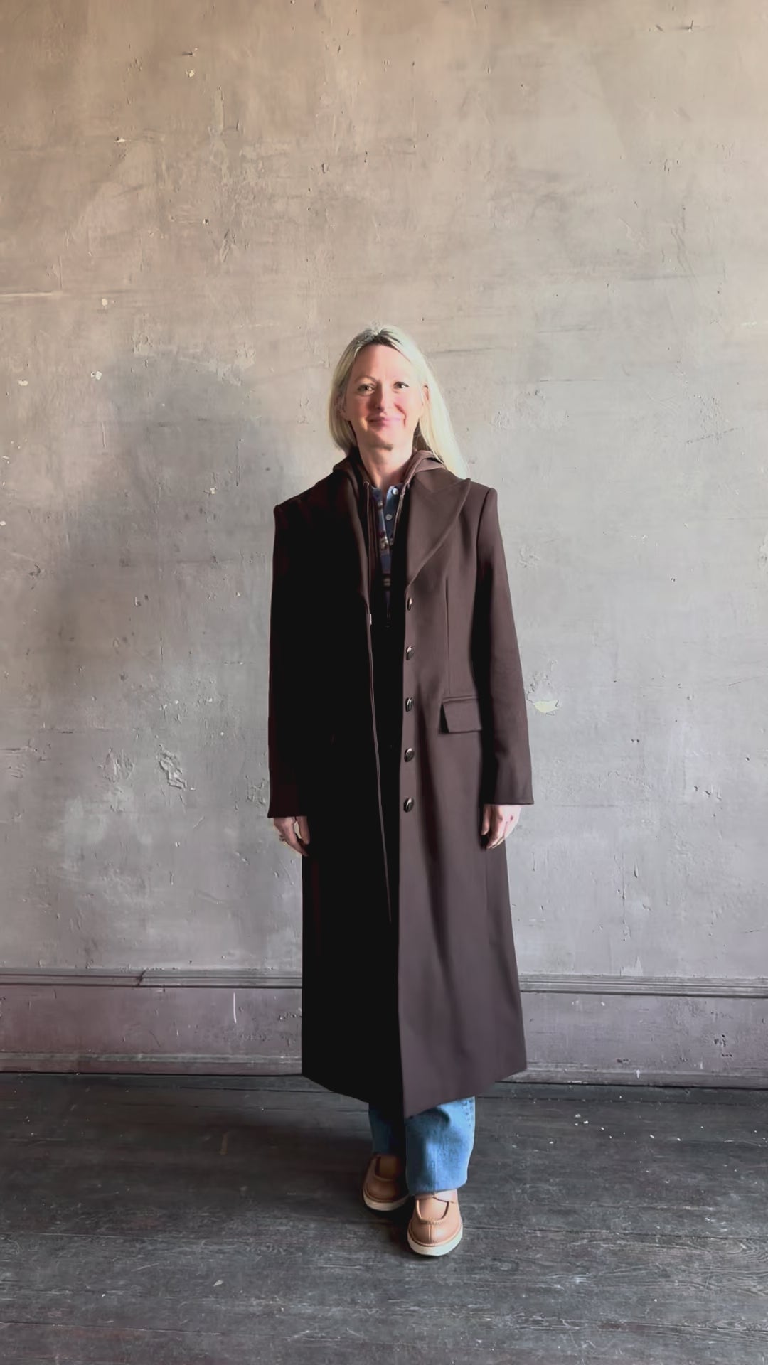 Video reviewing Veronica Beard Elspeth Coat with OVS Hoodie Dickey in Espresso brown wool-cashmere A-line coat with a removable hoodie layer. Playful, sculptural cold-weather luxury.