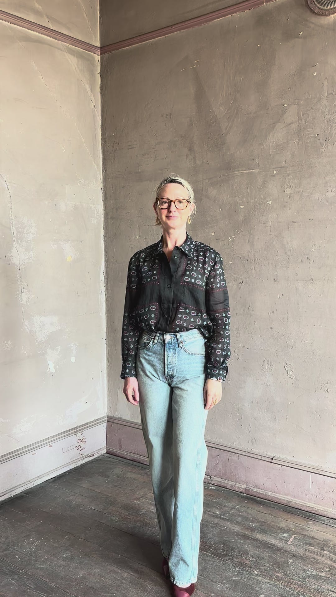 Video reviewing Women's designer brand Rachel Comey long sleeve paisley print button down shirt semi-transparent