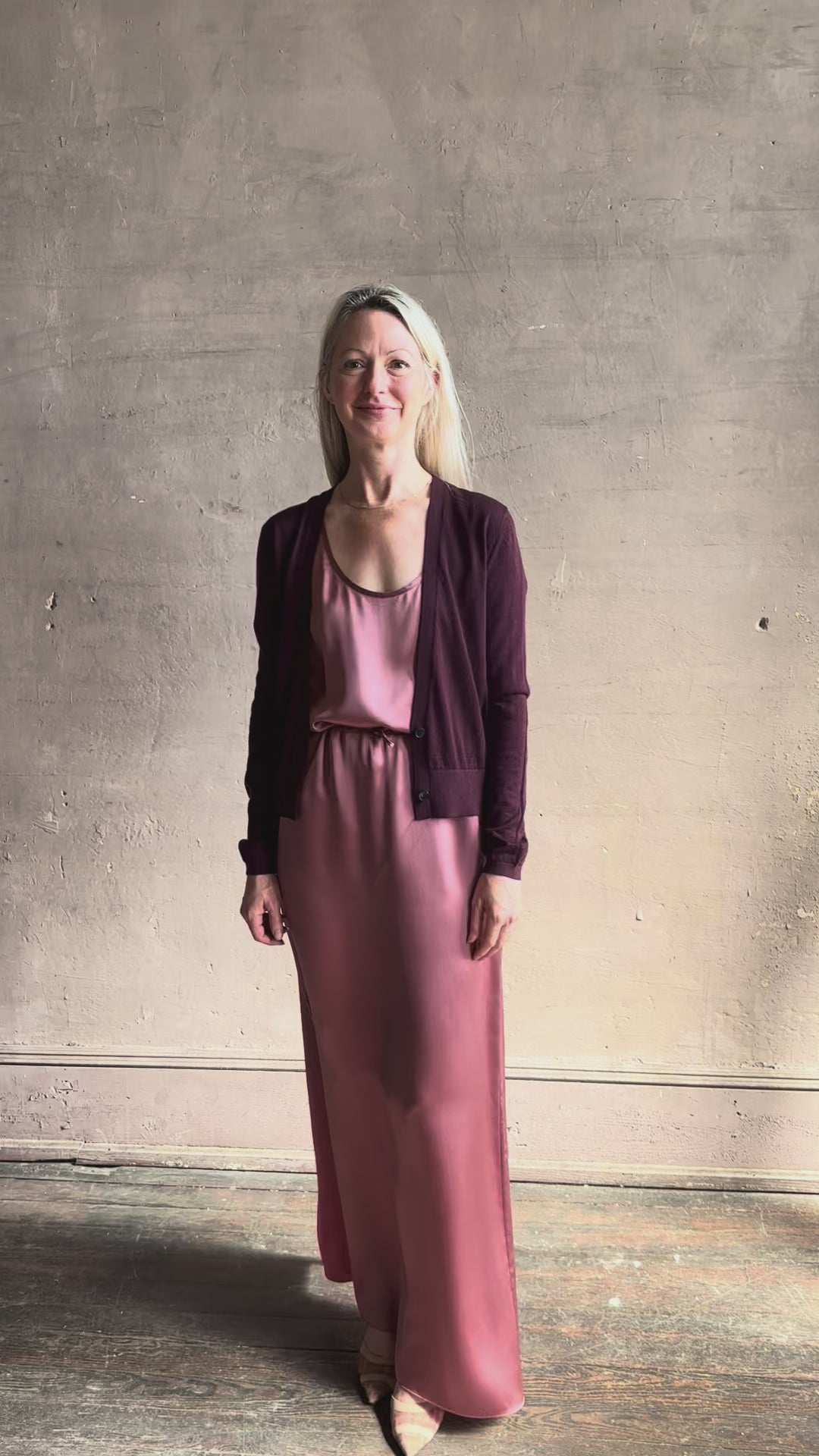 Video reviewing Rachel Comey long sleeve burgundy cardigan leightweight plunging v-neck layering sweater