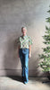 Mature woman reviewing the Saloni Jude-B short sleeve plaid button up crop top crafted in cotton with happy diagonal green plaid expertly aligned pattern