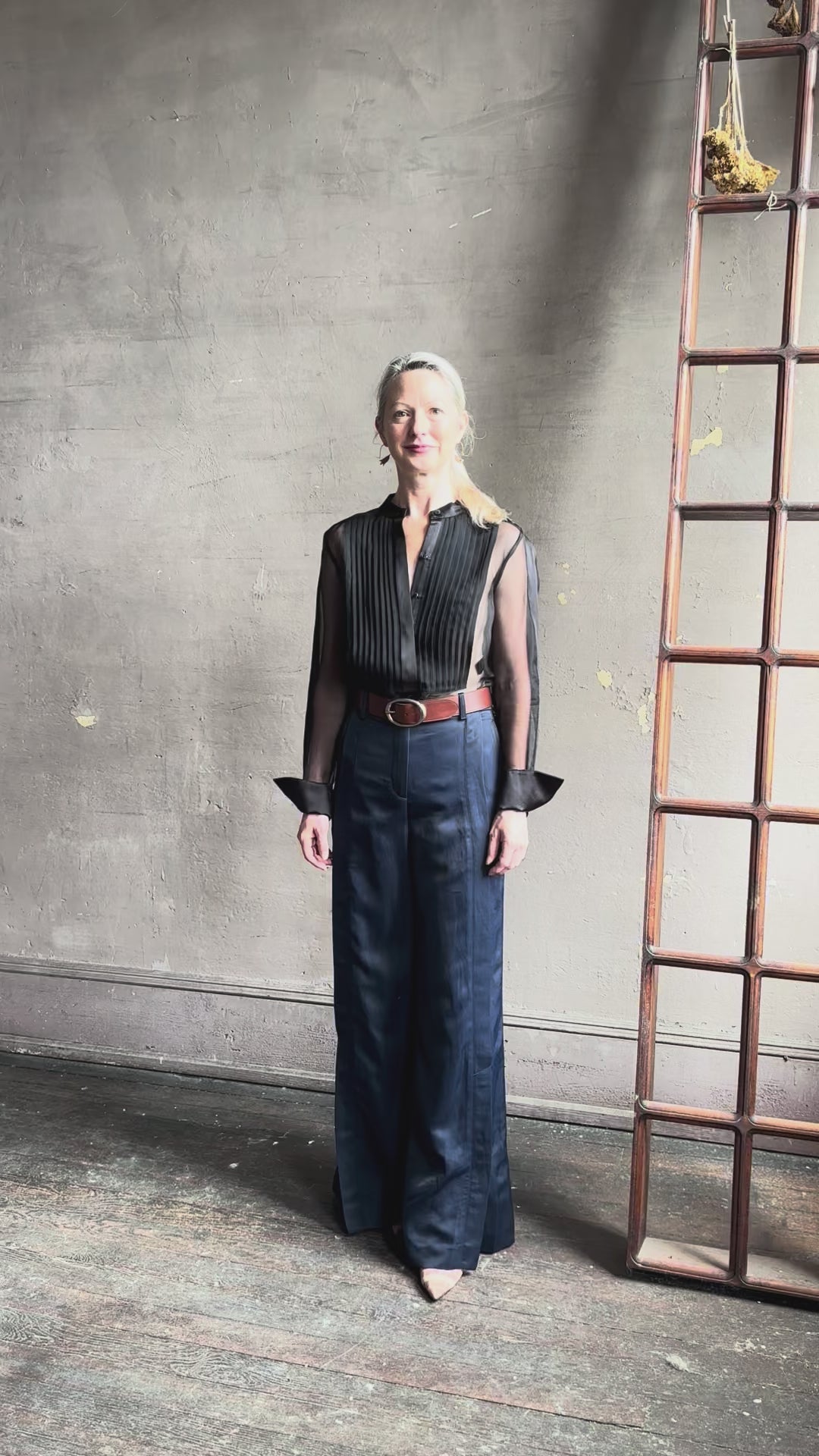 Video reviewing TWP Peyton sheer Silk Blouse tuxedo tailored silhouette Timeless, occassion ready 