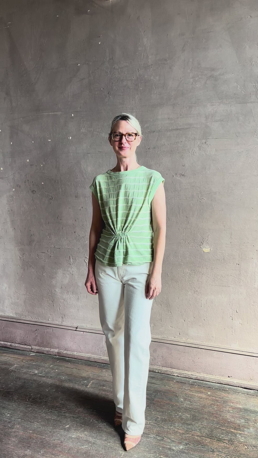 Video reviewing light green white horizontally striped Rachel Comey top  gathered twist waist detail reversable