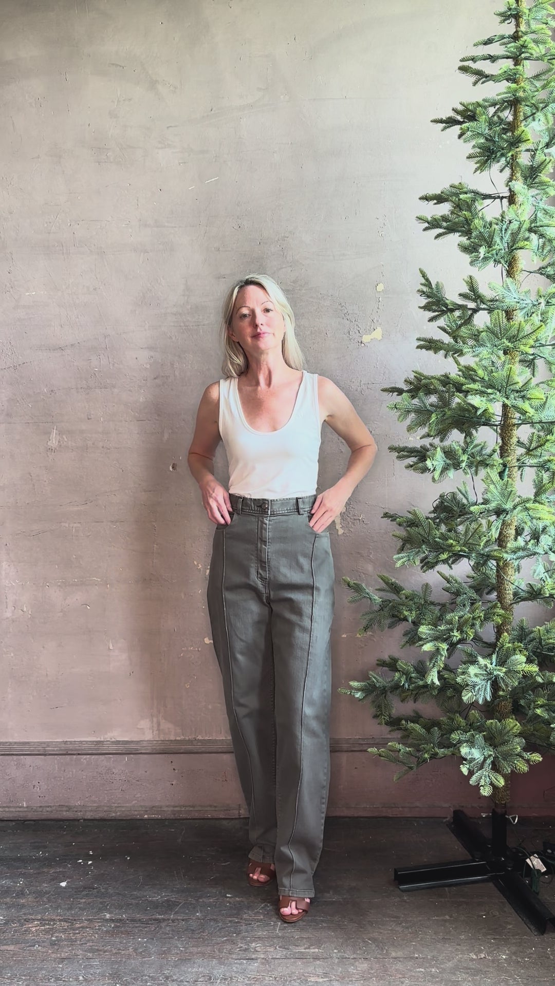 Video reviewing designer Rachel Comey Dardo green Pant grey green high rise cotton stretch