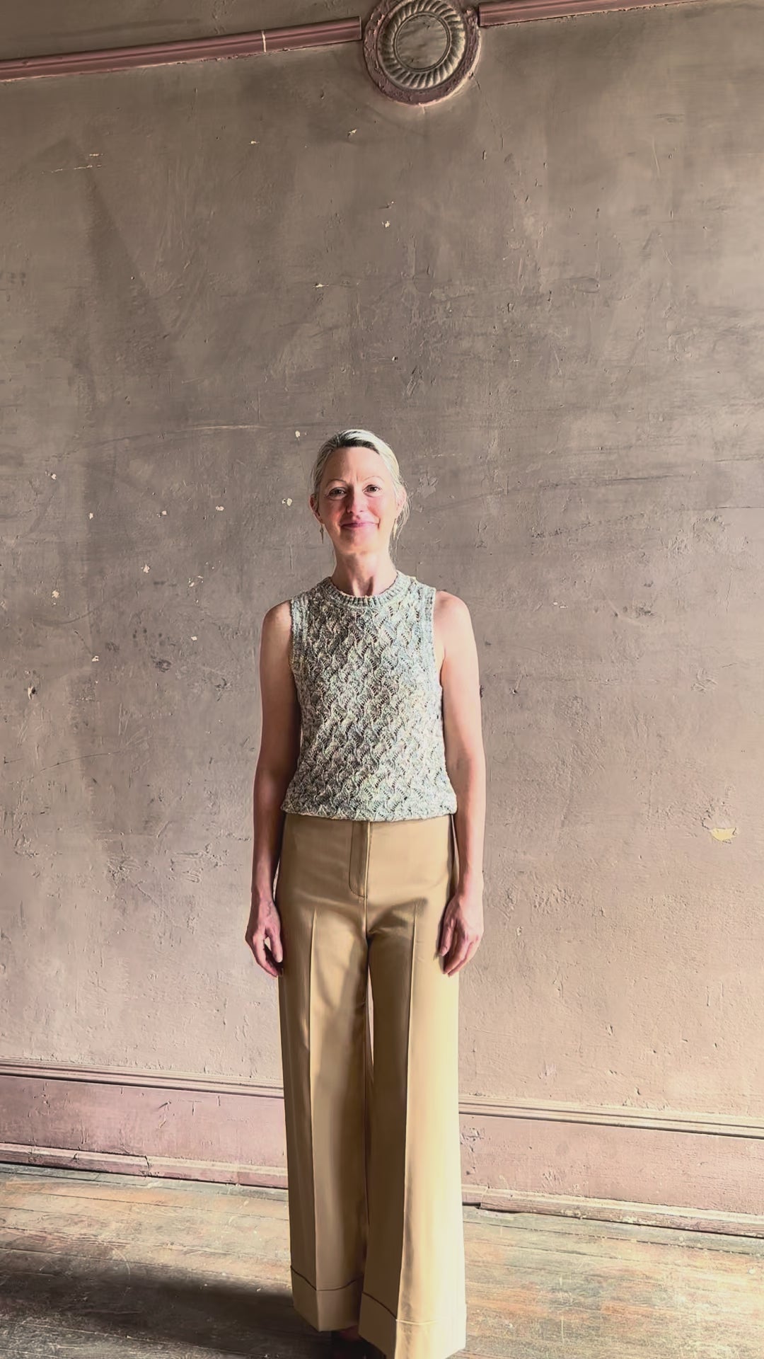 video review Veronica Beard Jerre lace Knit sweater lightweight cotton blend sleeveless crew neck cream blue khaki knit