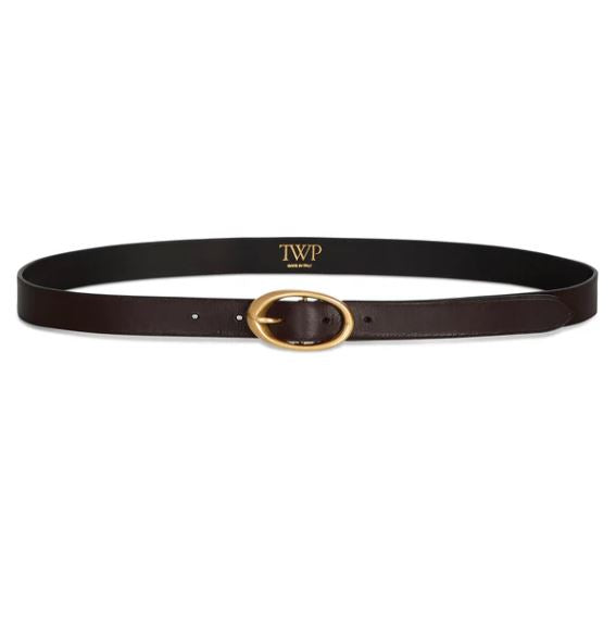 Image featuring TWP dark brown and antiqued brass oval buckle narrow leather belt