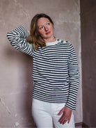 Image of a woman wearing the Zadig and Voltaire Jade cashmere blend sweater with a crew neckline, button detailing and a relaxed fit.